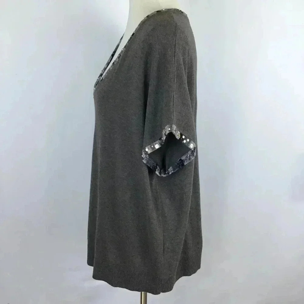 NWT Women's 1X Spring Lightweight Sweater Sequins Beaded CJ Banks V-Neck Gray - Picture 6 of 13